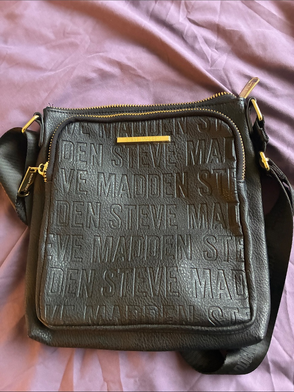 Steve Madden Black Embossed Messenger Crossbody with Gold Accents
